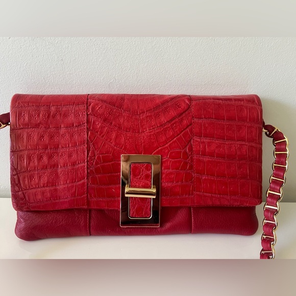 New PAOLA DANGOND Genuine Crocodile Chain Strap Shoulder Bag Handbag, Red - Picture 4 of 10